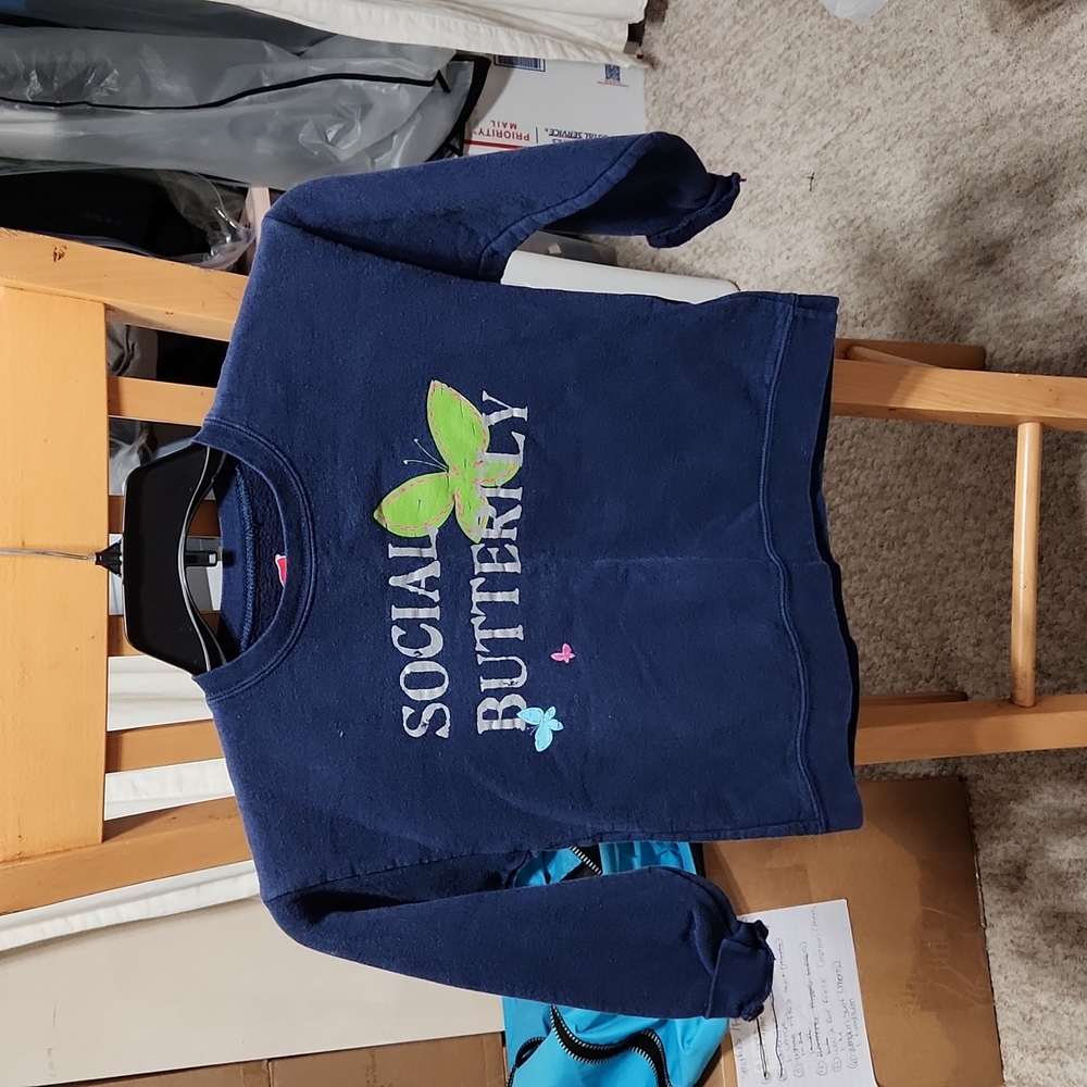 Hanes Social Butterfly  Navy Med (7/8) Girls Pull Over Sweatshirt